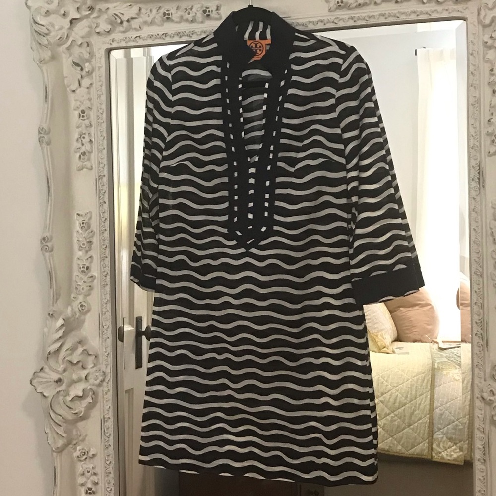 Troy Burch Navy/White Wavy Striped Tunic Dress